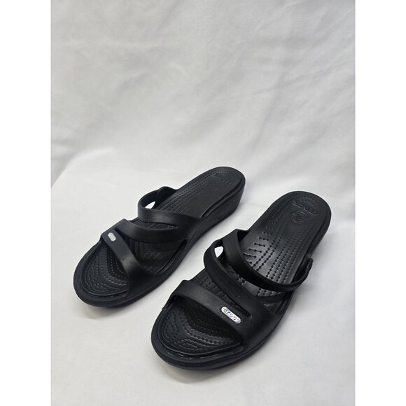 Crocs Patricia Wedge Strappy Slide Slip On Sandals Womens Size 10 Black - Picture 2 of 8